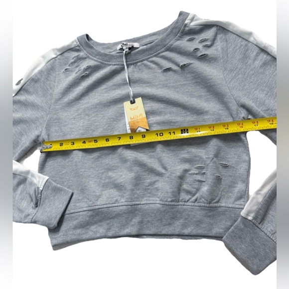MIMI New York Distressed Cropped Sweatshirt Gray White Stripe Grommet Sleeve M - Picture 9 of 12
